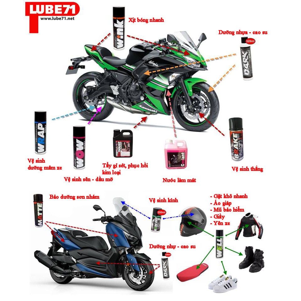 COMBO XỊT SÊN LUBE71 : CHAI XỊT VỆ SINH SÊN CỰC MẠNH WOW SPRAY +Chai Xịt Bôi Trơn Sên Có Phốt Wrap Spray+ TẶNG CỌ SÊN 3D