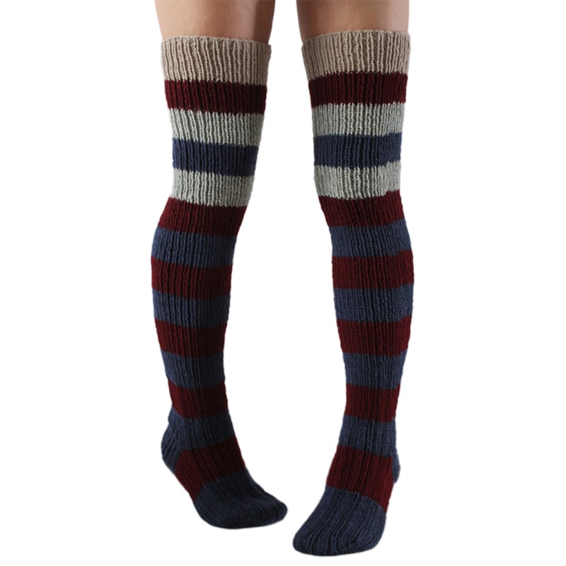 Tất Dệt Kim Dài Qua Gối Giữ Ấm Họa Tiết Kẻ Sọc Nhiều Màu Sắc Cho Nữ