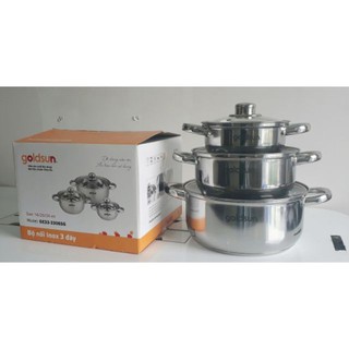 Bộ nồi inox 3 đáy nắp kiếng goldsun ge33-3306sg size 16-20-24 cm
