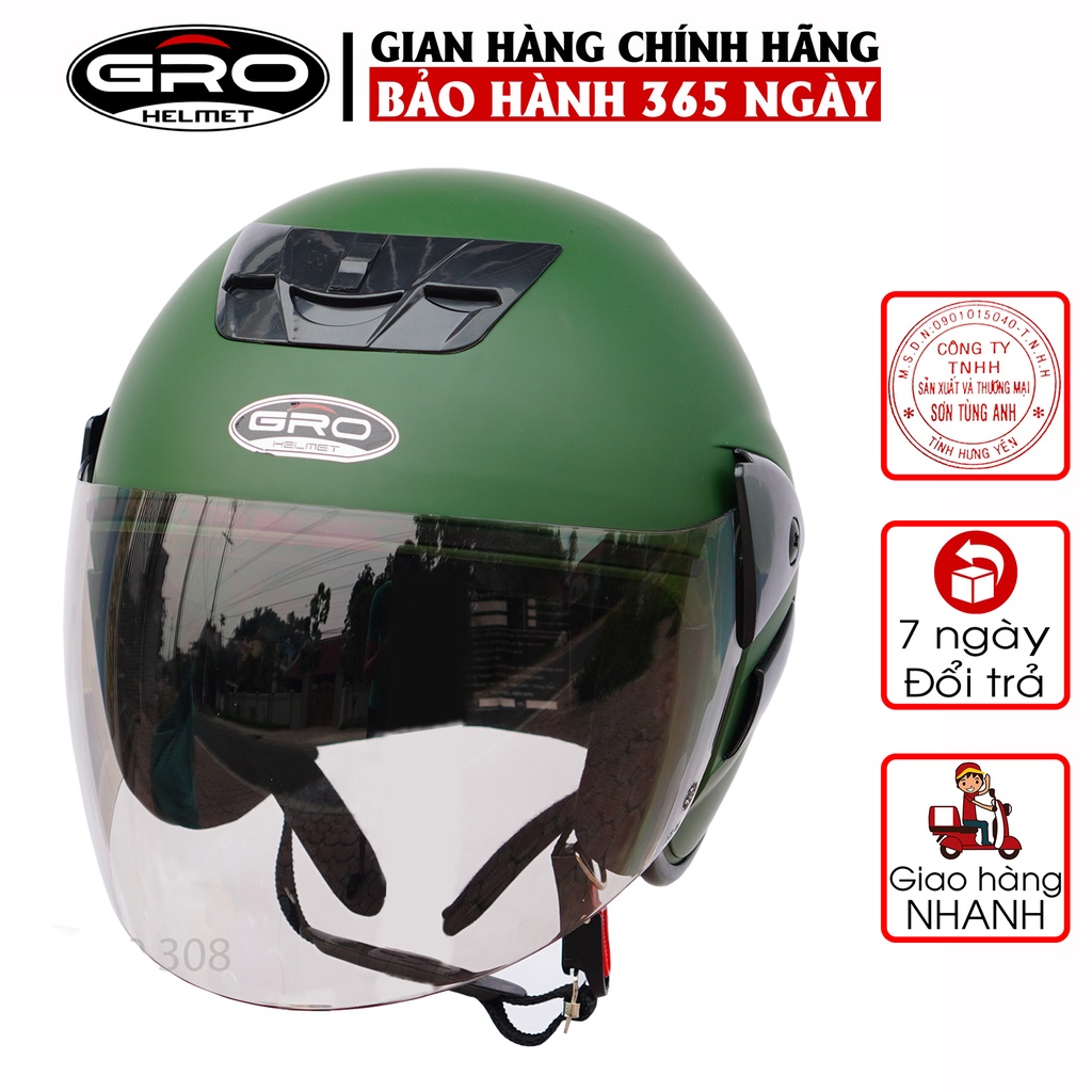 Mũ bảo hiểm cả đầu Gro T318 V2 có kính, nhựa ABS bền đẹp chắc chắn, mút xốp dày dặn thoáng khí - màu xanh lục quân