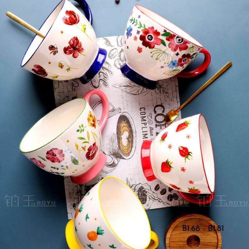 Cốc sứ 🌱 cốc uống cà phê uống nước bằng sứ hoạ tiết vẽ tay 500ml phong cách bắc âu sang chảnh
