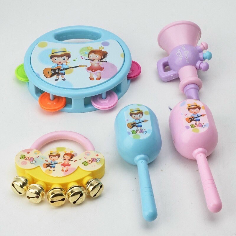 Bộ 5 món đồ chơi Nhạc Cụ cho bé, Gồm: Lắc Tay, Kèn, Xúc Xắc, Trống Tay giúp bé cảm nhận âm thanh