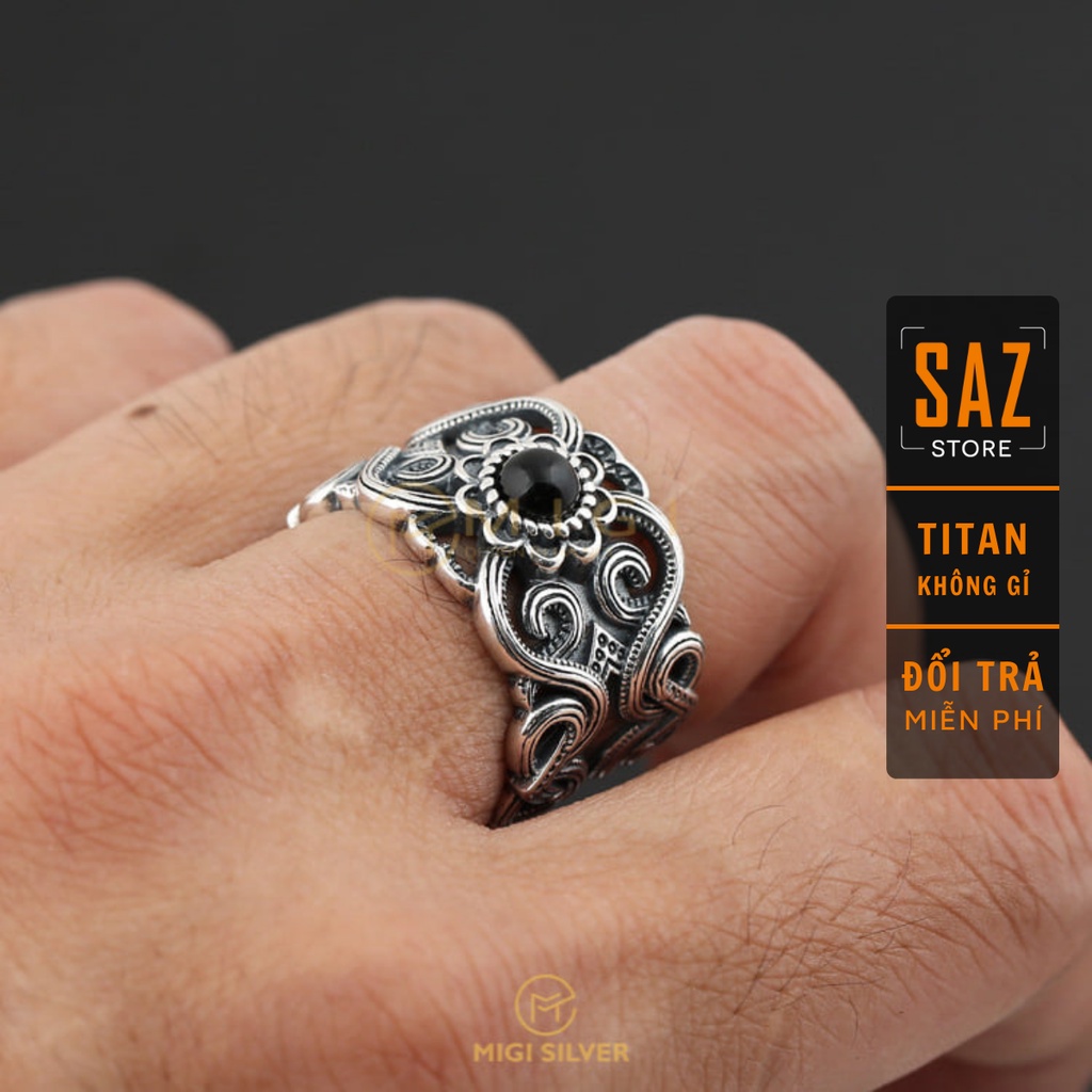 Nhẫn nam nữ tròn Unisex màu bạc Thời trang SAZ chất liệu Titan đẹp đơn giản - Nhẫn Hoa Đá