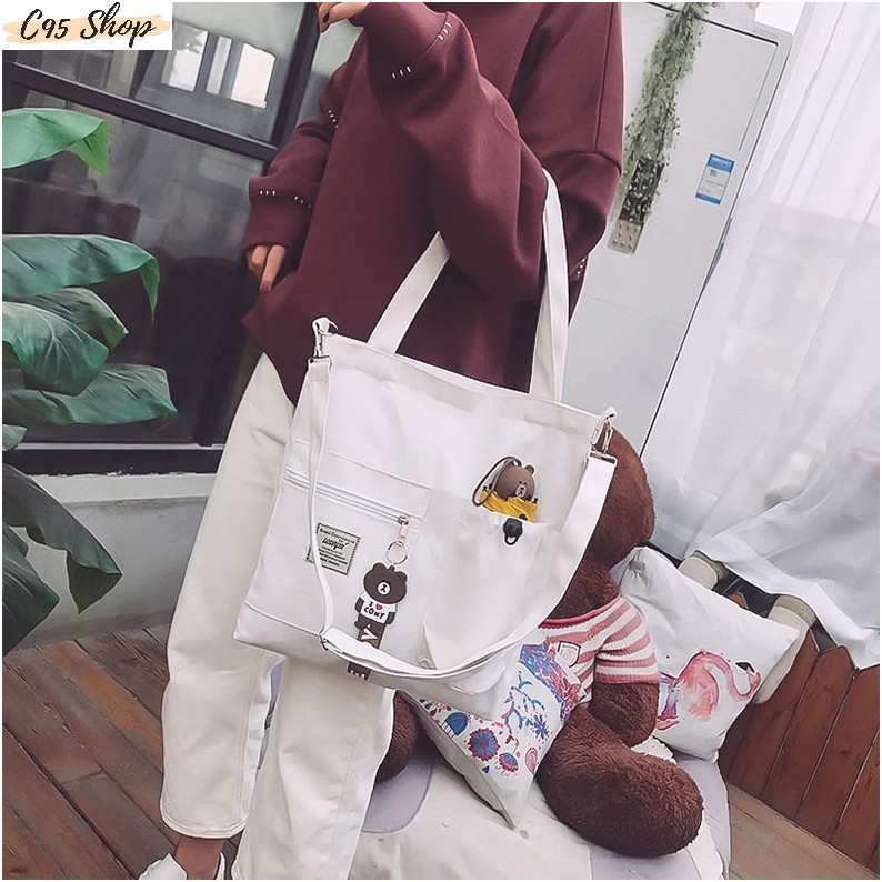 Túi tote đeo chéo nữ đi học vải canvas phong cách ulazzang có khóa kéo, T025