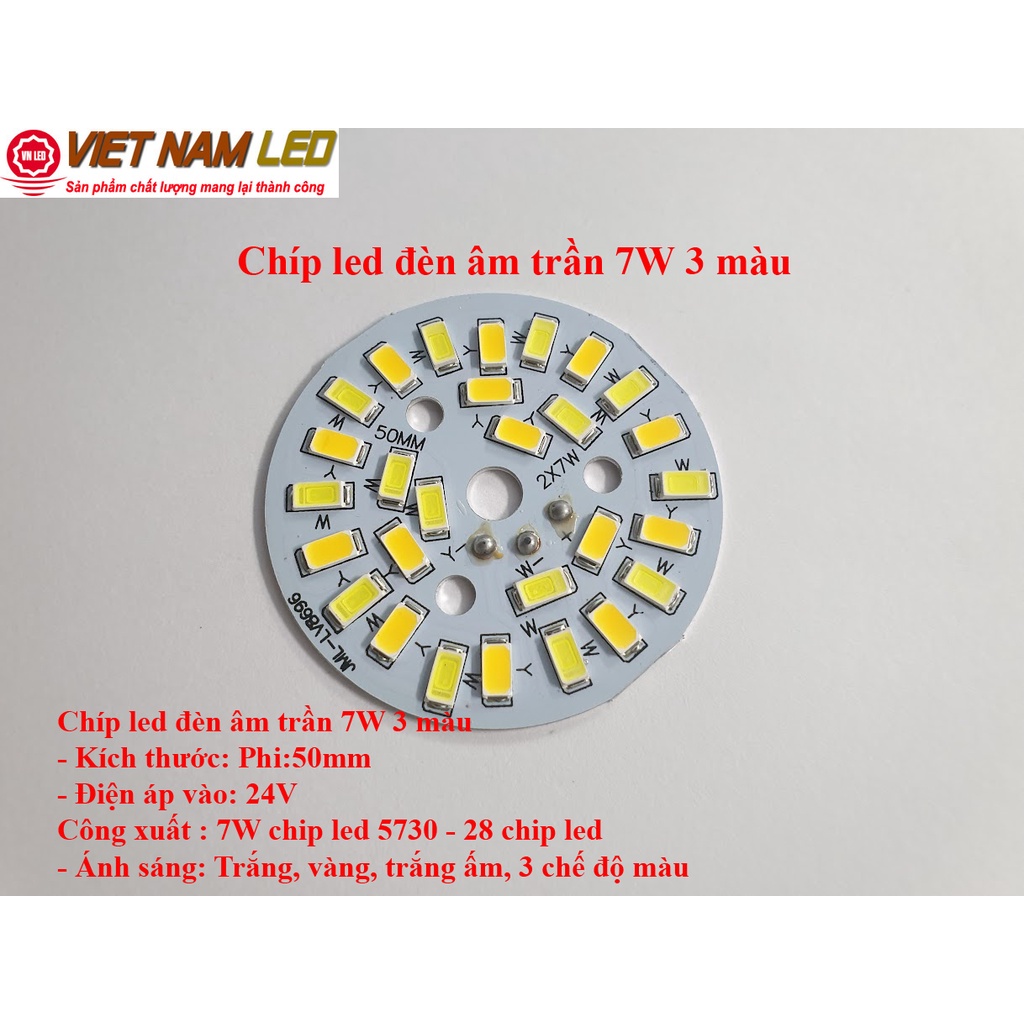 Chíp led đèn âm trần 7W 3 màu, 3 chế độ màu, phi 50mm, vnled.vn