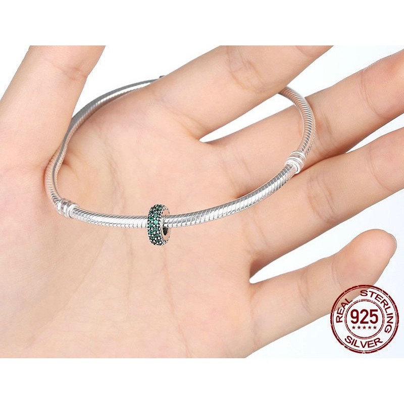 charm pan dẹt spacer đính đá xanh lục bạc s925 cao cấp