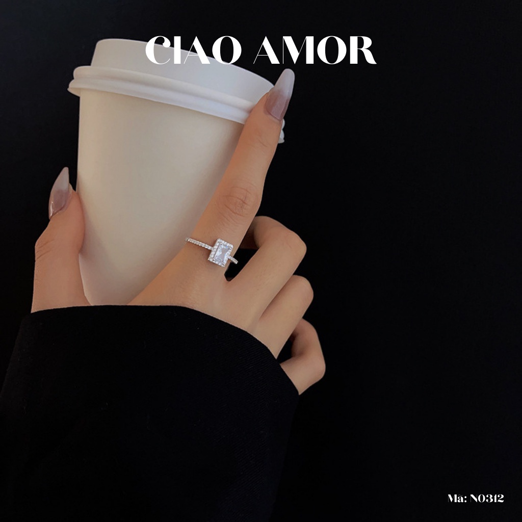 Nhẫn nữ bạc đính đá mặt vuông đơn giản sang trọng đính đá viền Trang sức Ciao Amor - N0312