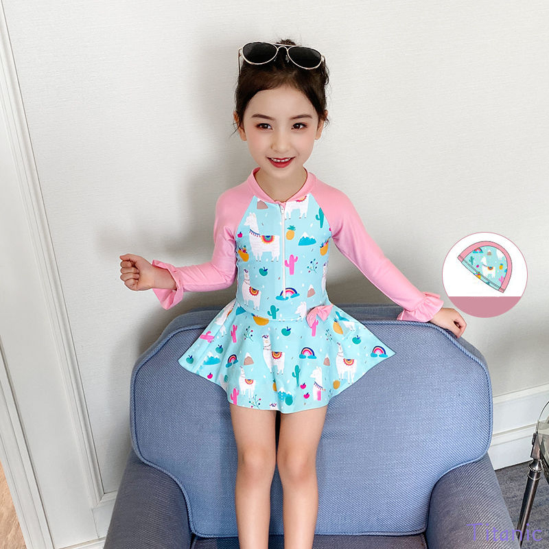 Girls Swimwear Long Sleeve Korean Skirt Style Swimwear Kids 2 Piece Set