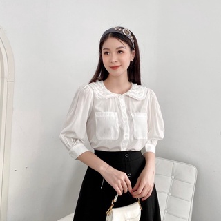 Áo sơ mi tay lỡ FANSIX - A13 sơ mi công sở phối cổ bèo nữ tính, chất vải lụa Hàn mềm mại