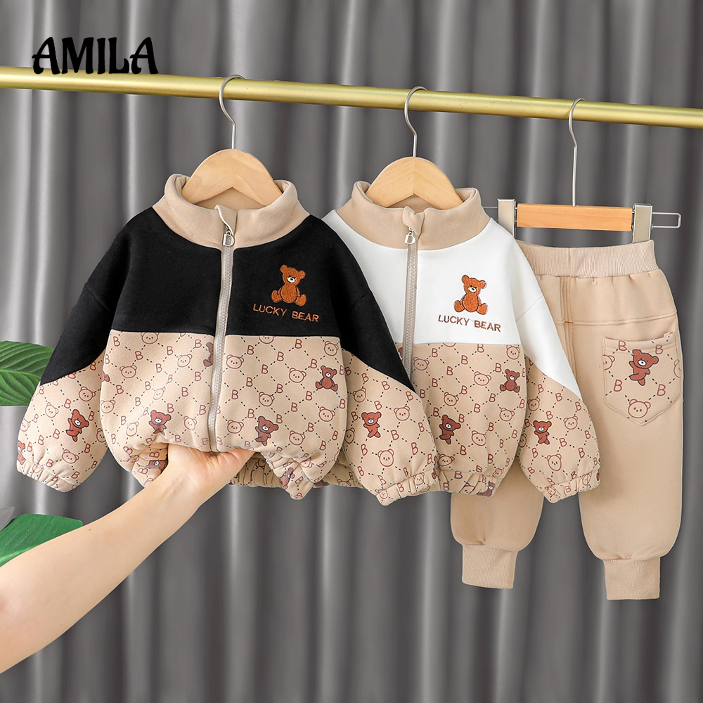 Bộ quần áo lót lông cừu dày dặn AMILA giữ ấm thời trang thu đông cho bé trai