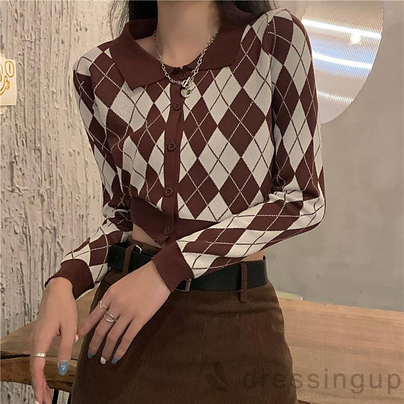 Áo sweater tay dài cổ bẻ phối nút đính đá thời trang cho nữ