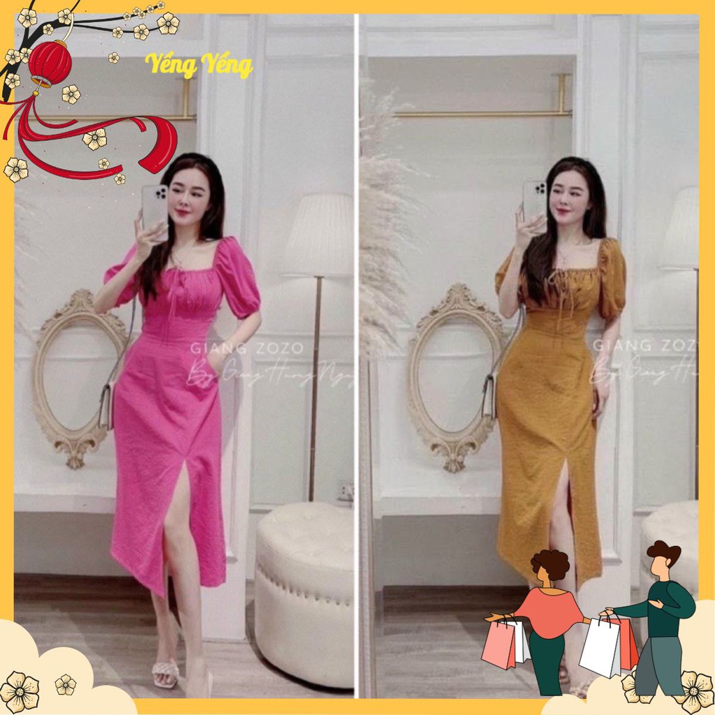 VNU240 - VÁY CỔ VUÔNG BUỘC NƠ NGỰC XẺ VẠT