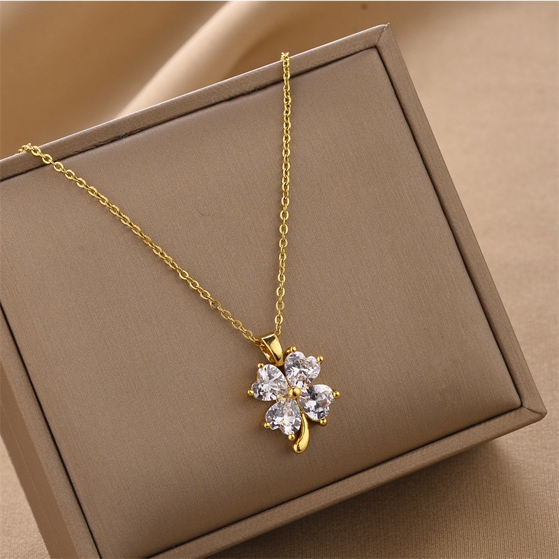 Vòng cổ Thép Titan Mặt Cỏ Bốn Lá Dát zircon Đơn Giản Nhẹ Nhàng Sang Trọng Cho Nữ