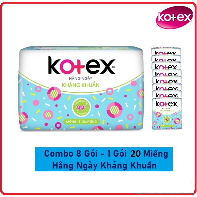 Combo Lốc 8 Gói Băng Vệ Sinh KOTEX Hằng Ngày Kháng Khuẩn Gói 8 Miếng &amp; 20 Miếng &amp; 40 Miếng