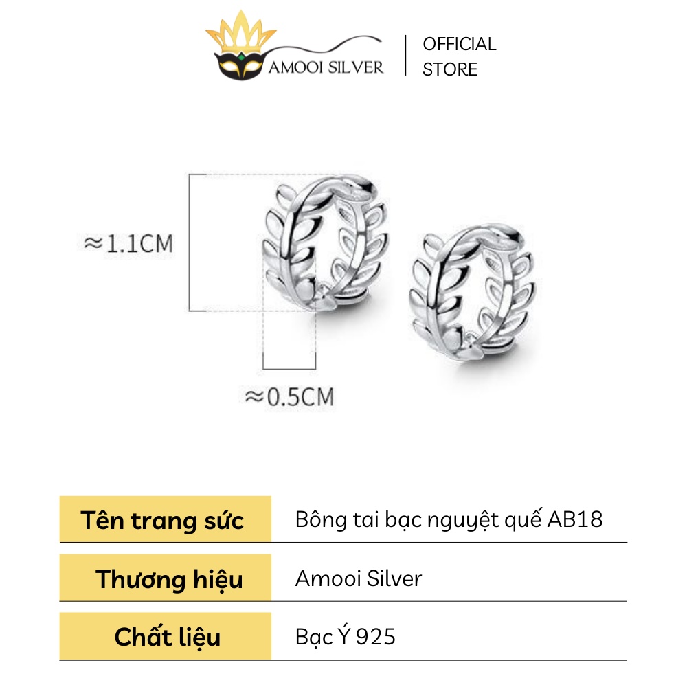 Bông Tai Bạc S925 Mẫu Khoen Tròn Nguyệt Quế Đường Kính 8mm - Amooi Silver AB18