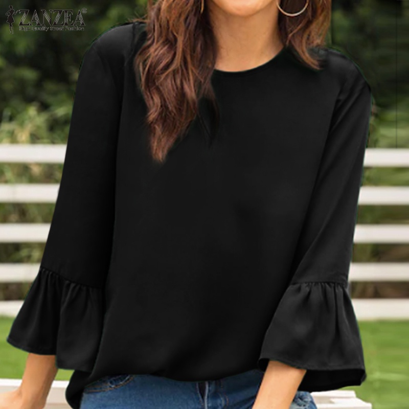 ZANZEA Áo Kiểu Tay Lỡ 3/4 Màu Trơn Thời Trang Đường Phố Châu Âu Cho Nữ