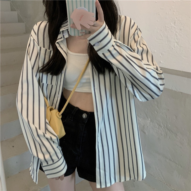 SUXI Áo Sơ Mi Nữ Dài Tay Họa Tiết Sọc Dọc Thời Trang