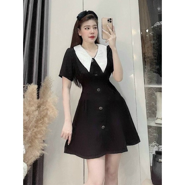 Đầm đen cổ trắng nút trước (kèm hình thật) | BigBuy360 - bigbuy360.vn