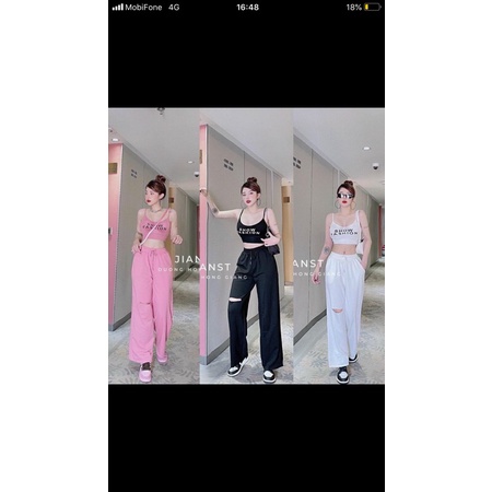⚜️BỘ THUN ÁO DÂY CROPTOP QUẦN ỐNG RỘNG RÁCH GỐI THỜI TRANG⚜️