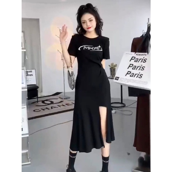 Đầm Dài Qua Gối Thiết Kế Xẻ Tà Chiết Eo Thời Trang Mùa Hè 2022 Phong Cách Pháp Mới