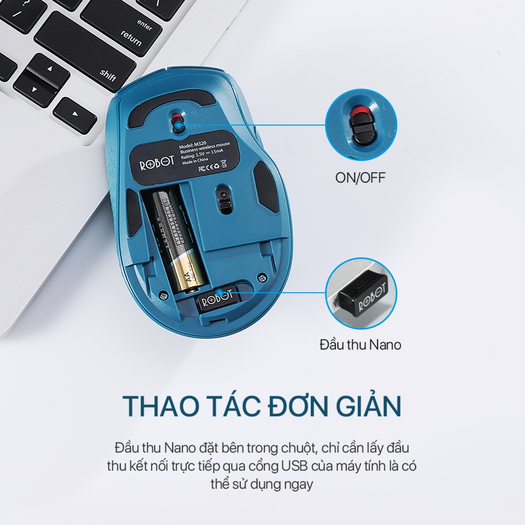 Chuột Quang Không Dây 2.4Ghz Tĩnh Âm Chống Ồn Robot M320 Khoảng Cách Tín Hiệu 20M Công Nghệ Cảm Biến Quang Học 1600Dpi