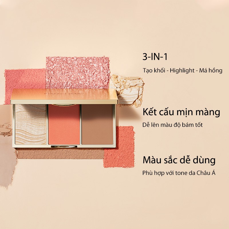 Bảng phấn trang điểmPerfect Diary 3-trong-1 bắt sáng/ tạo khối và má hồng 2 tông 0.15g