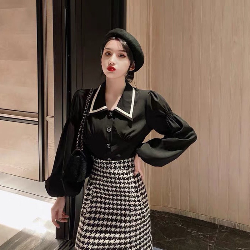 Áo sơ mi tay dài màu đen/ Chân váy dài lưng cao IELGY thiết kế thời trang cho nữ