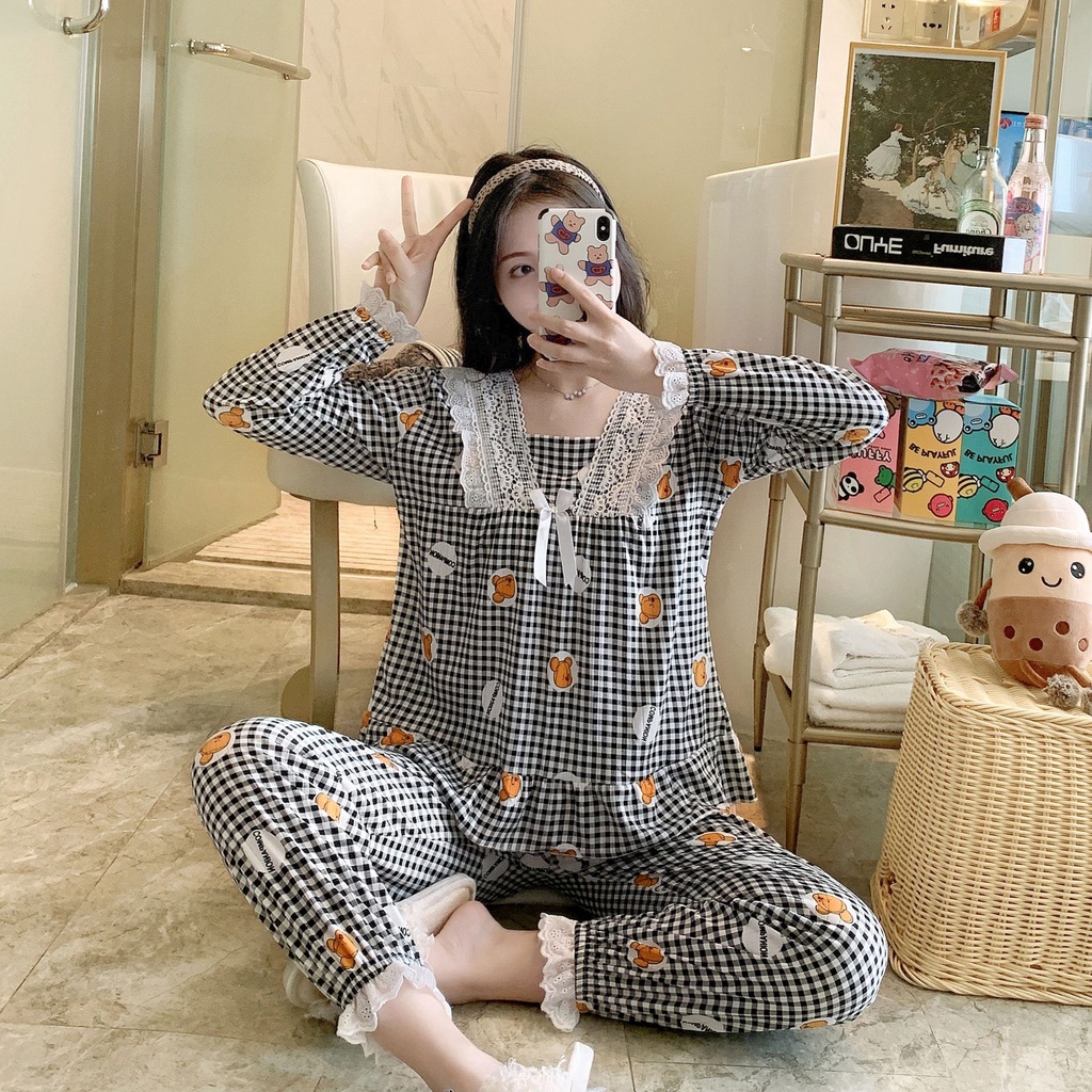 Bộ ngủ dài tay pijama nữ chất cotton cao cấp dễ thương DT88