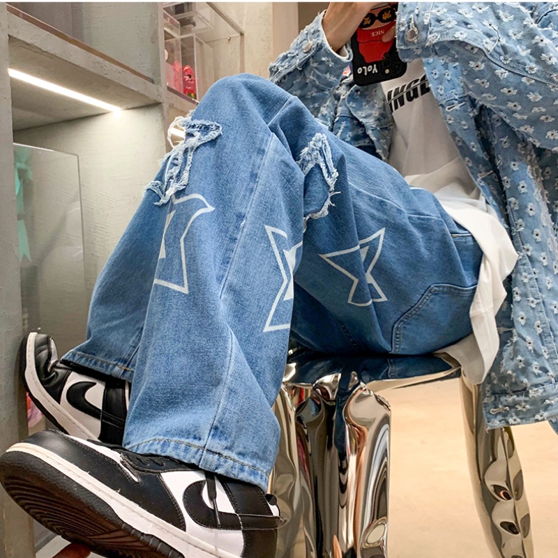 Quần Jeans Dài Ống Rộng Họa Tiết Ngôi Sao Thời Trang Cho Nam Size S-3XL