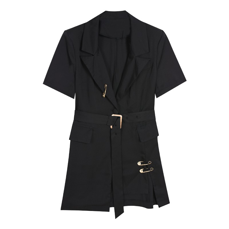 (Hàng có sẵn) Đầm cổ vest khóa ngang đính ghim cá tính | BigBuy360 - bigbuy360.vn