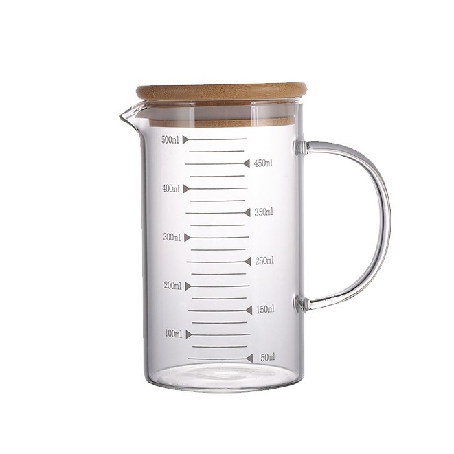 Ly thủy tinh chịu nhiệt chia vạch đo lường nắp gỗ tre hít kín hơi có quai 500ml