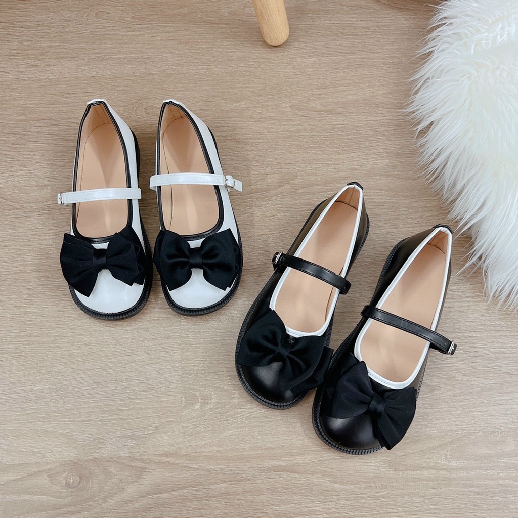 [Freeship] Giày búp bê nữ đính NƠ vải đế bệt, chất da mềm, giày lolita phong cách cổ điển
