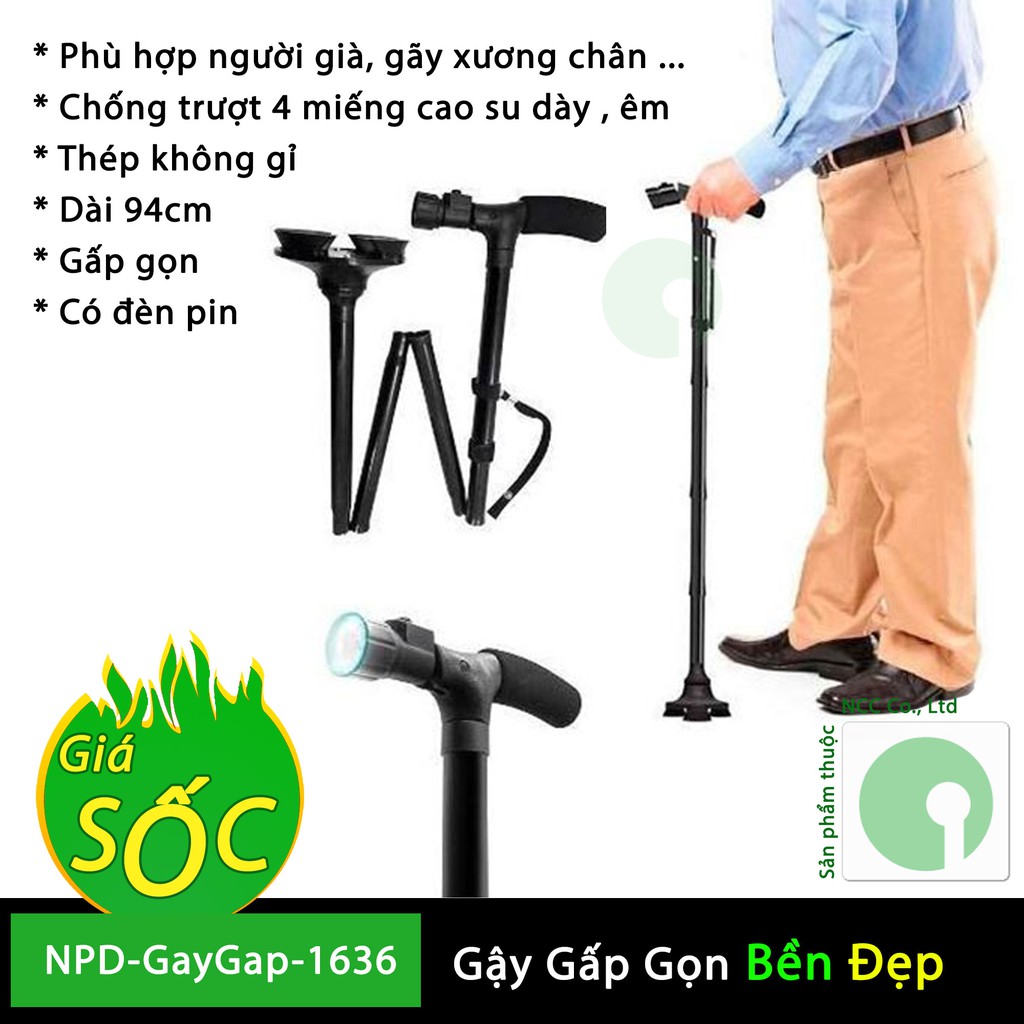 Gậy gấp gọn Trusty Cane chống trượt có đèn Pin cho người già - gãy xương chân - béo phì - NPD-GayGap-1636