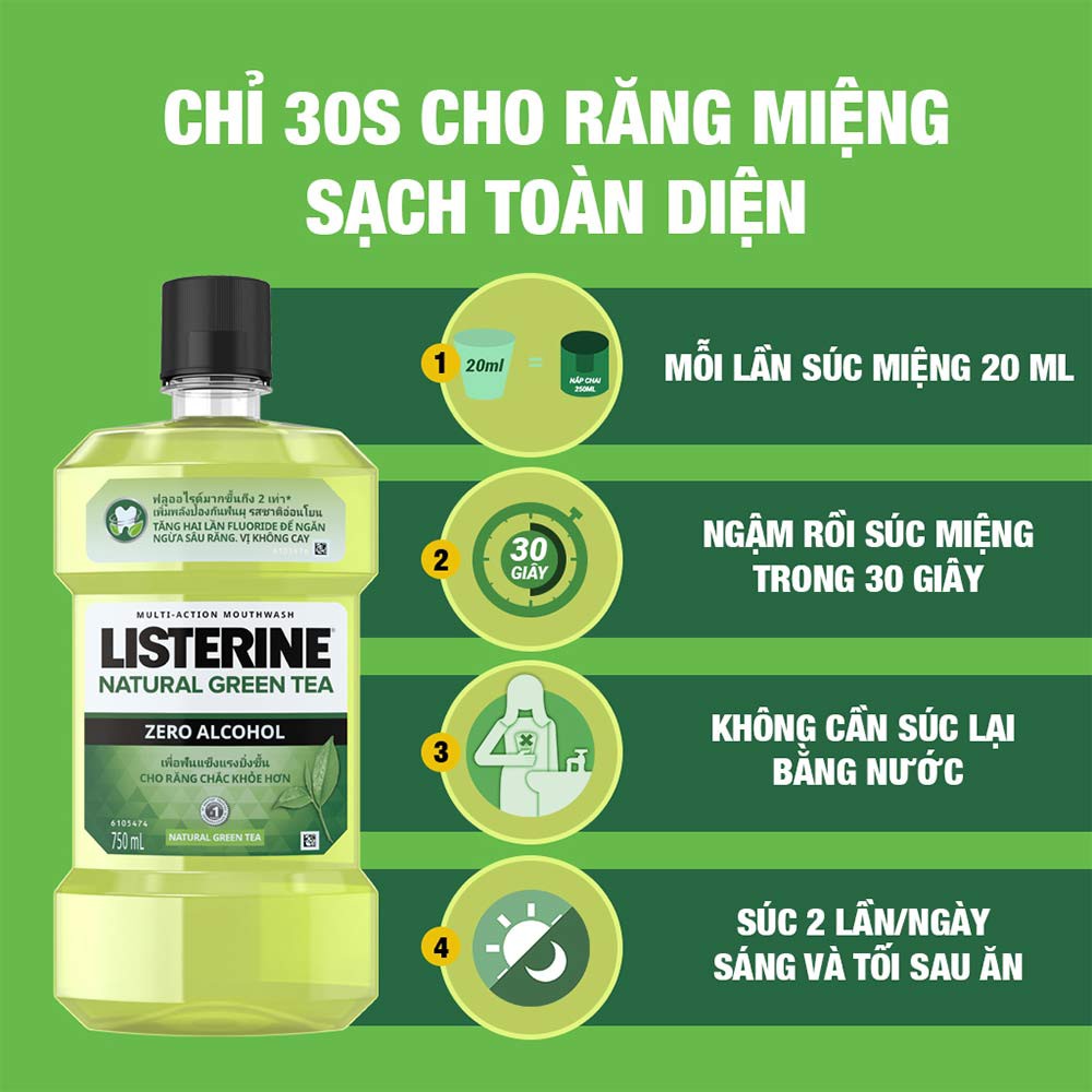Nước Súc Miệng Listerine Trà Xanh Ngừa Sâu Răng 750ml Natural Green Tea Zero Alcohol Multi-Action Mouthwash