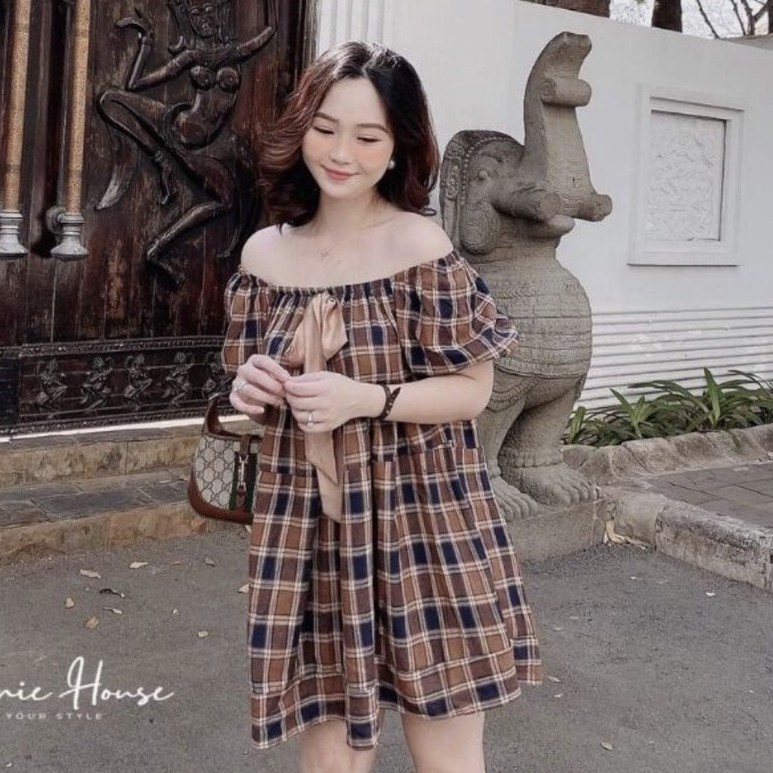 Váy kẻ caro xinh xắn💖FREESHIP💖 đầm trễ vai tiểu thư AD94