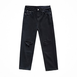 Quần baggy nam nữ đen rách gối , quần jeans ống rộng , dáng xuông , không phai màu phong cách Hàn Quốc