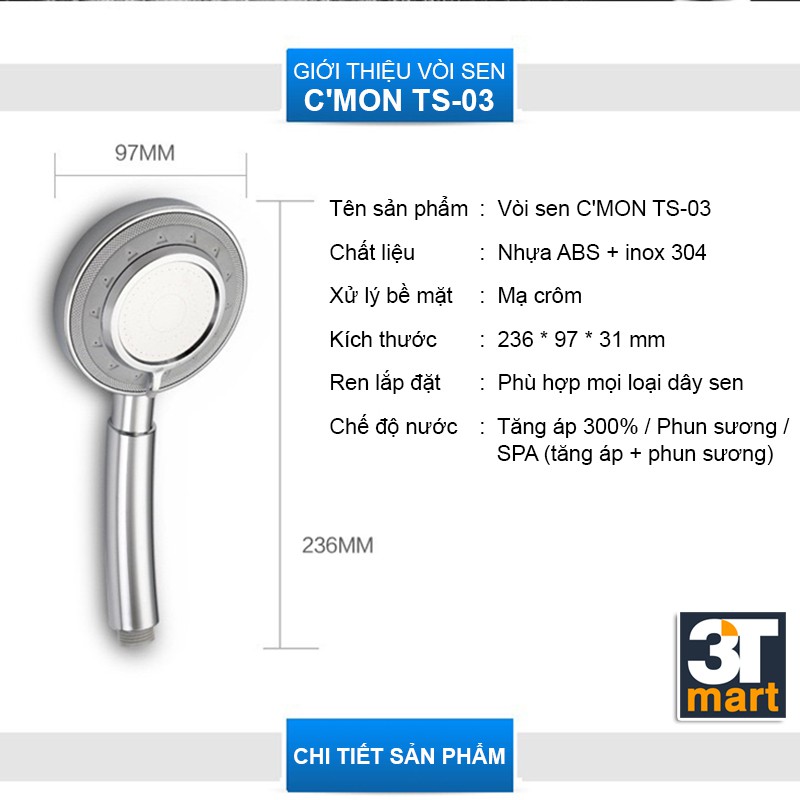 Bộ vòi sen tăng áp 3 chế độ nước C'MON TS-03 + dây sen (bạc)