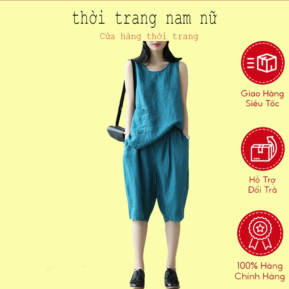Set Bộ Đồ Nữ Ba Lỗ Chất Liệu Đũi Mộc 100% Dày Dặn