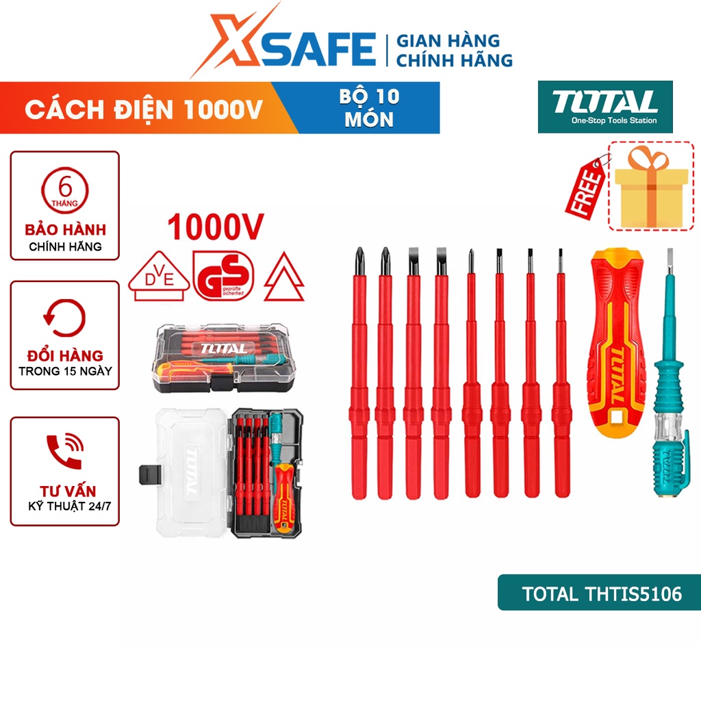 Bộ tua vít đa năng TOTAL THTIS5106 cách điện 1000V, 10 chi tiết, tay cầm tròn cách điện có thể hoán đổi đầu vít