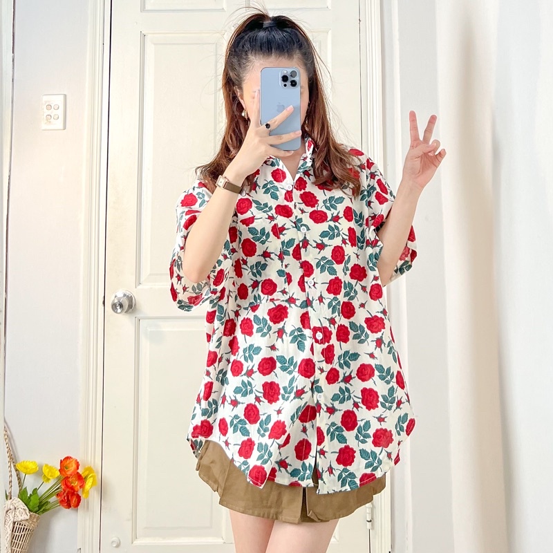 Áo sơ mi hoạ tiết tay lỡ form rộng mặc được nhiều kiểu