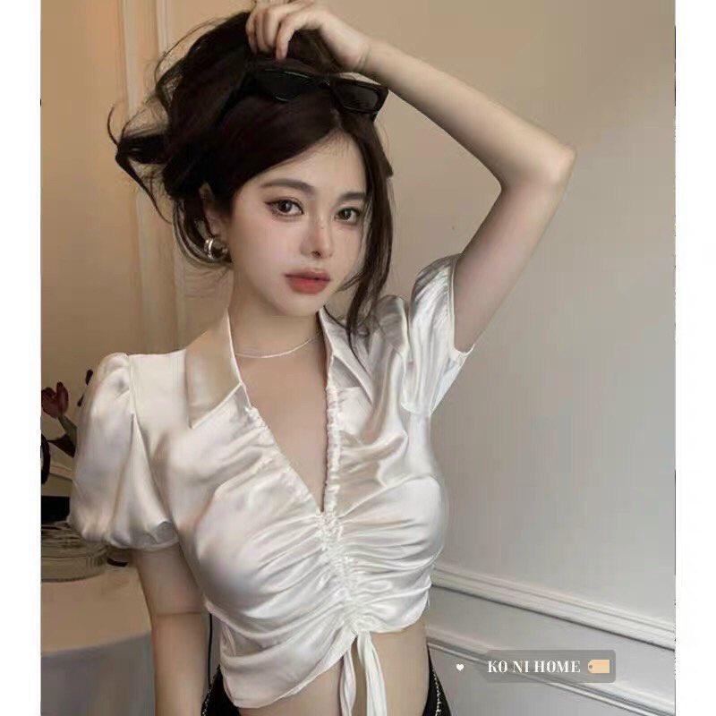 Áo Kiểu Dây Rút Cổ Bẻ Phi Bóng