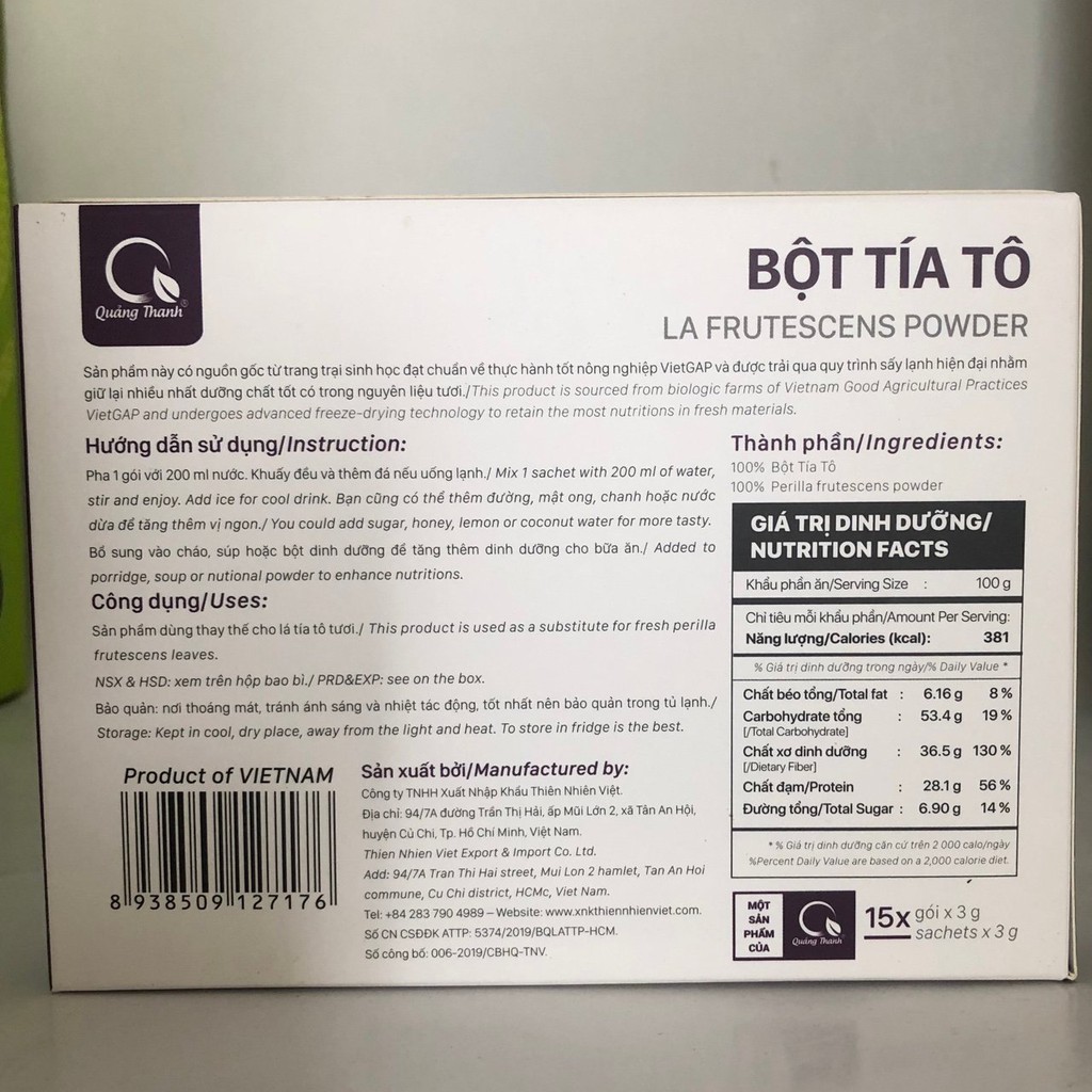 Bột Tía Tô Quảng Thanh (Hộp 15 gói x 3gr) bột tía tô sấy lạnh, bột tía tô nguyên chất giúp an thai, hỗ trợ trị bệnh gout