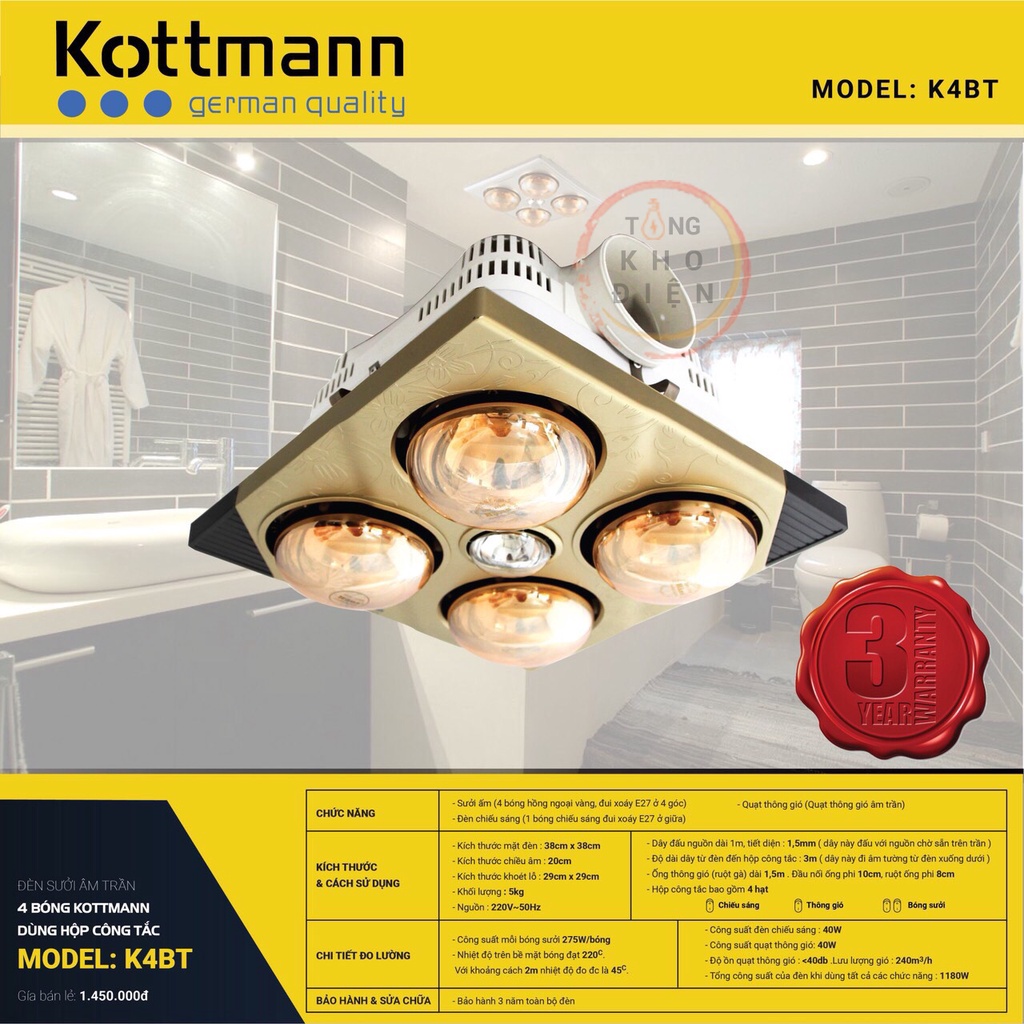 [CHÍNH HÃNG] Đèn sưởi nhà tắm Kottmann 4 Bóng Âm Trần Hồng Ngoại K4BT có quạt thông gió và đèn chiếu sáng