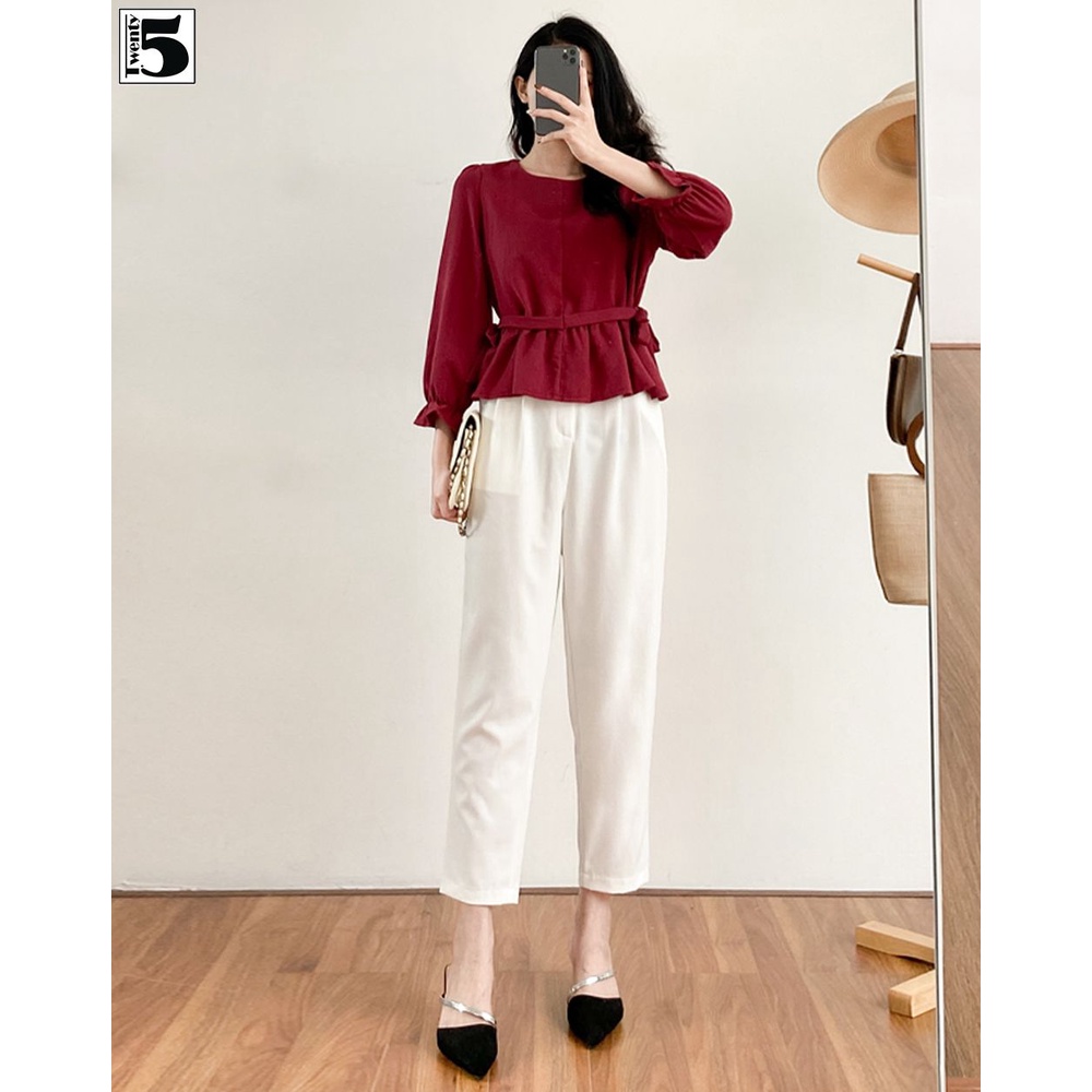 Áo sơ mi nữ tay bồng thắt dây eo hai bên chất nhung mịn Twentyfive N196