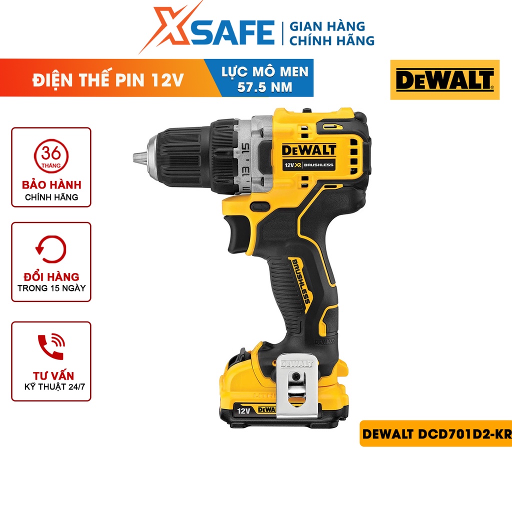 Máy khoan cầm tay 12V/BL DEWALT DCD701D2-KR tặng kèm 2 pin và 1 sạc, momen xoắn 57.5NM, tốc độ không tải 0-450/0-1500v/p