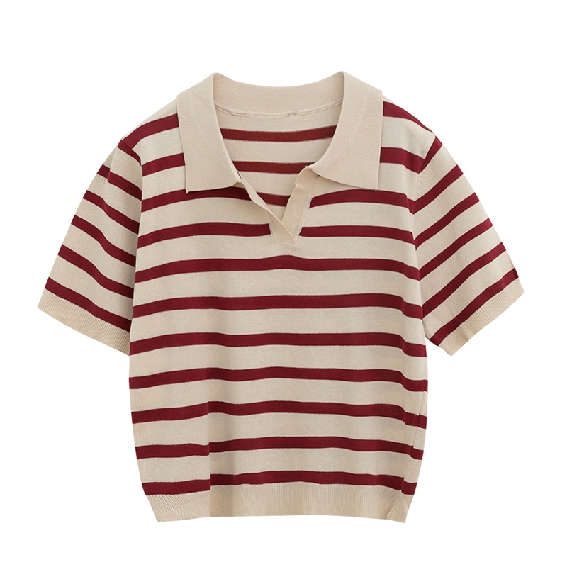 Áo polo IELGY dệt kim tay ngắn cổ bẻ họa tiết kẻ sọc cho nữ