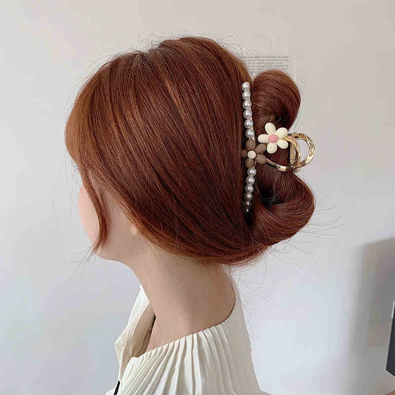 Kẹp tóc kim loại hình hoa đính ngọc trai giả thời trang cho nữ