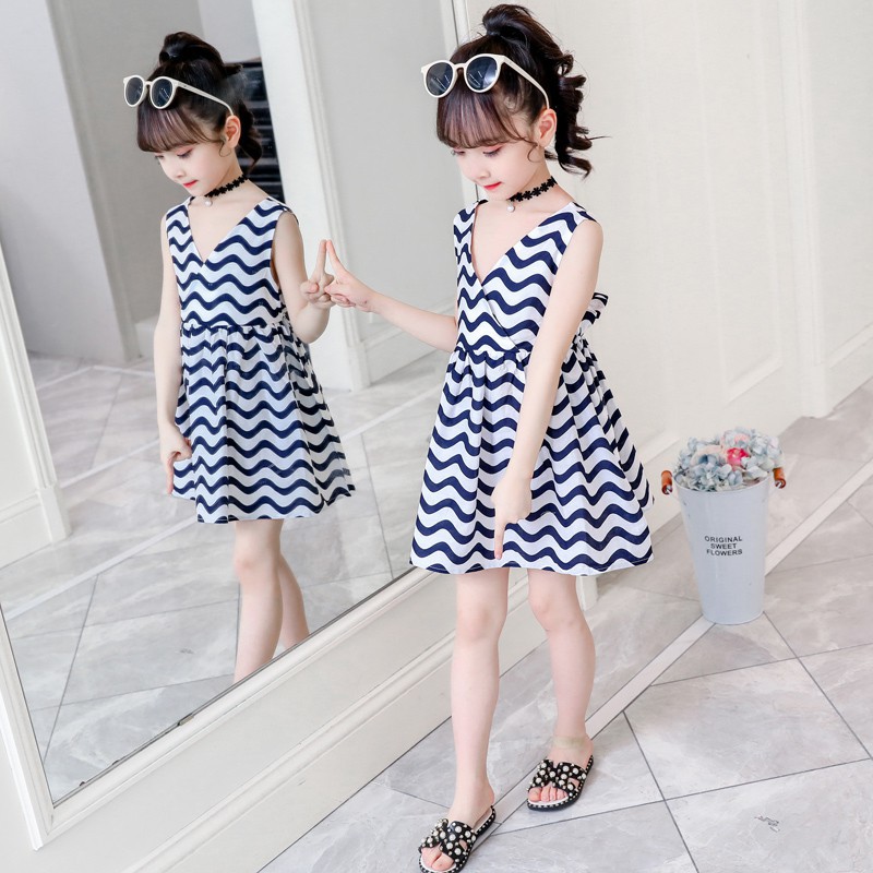 Đầm dài không tay họa tiết gợn sóng xinh xắn cho bé gái