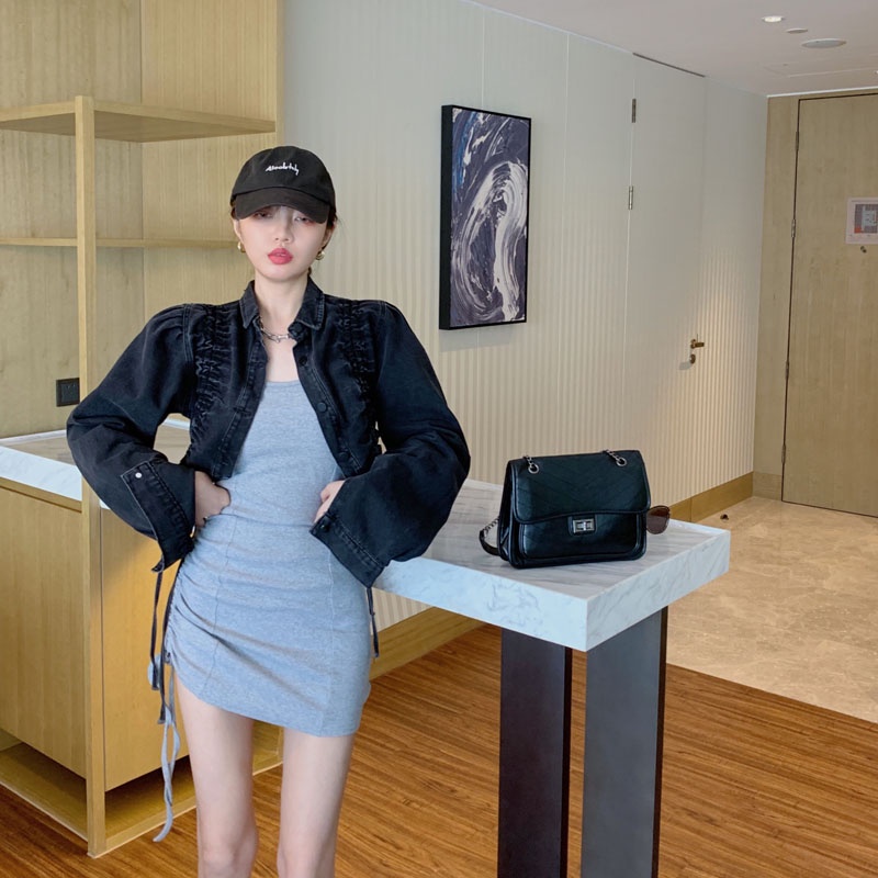 Áo khoác Denim dáng ngắn phối dây rút thời trang mùa thu cho nữ