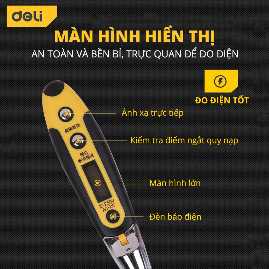 Bút Thử Điện Deli Chính Hãng 12-250V - Màn Hình Hiển Thị LED Kỹ Thuật Số Thuận Tiện - Vỏ Bút An Toàn - DL8005 / EDL8003